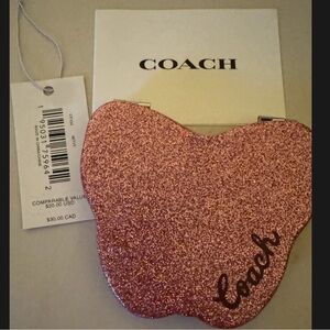 COACH Pink Glitter Butterfly Compact Dual Sided Mirror NWT